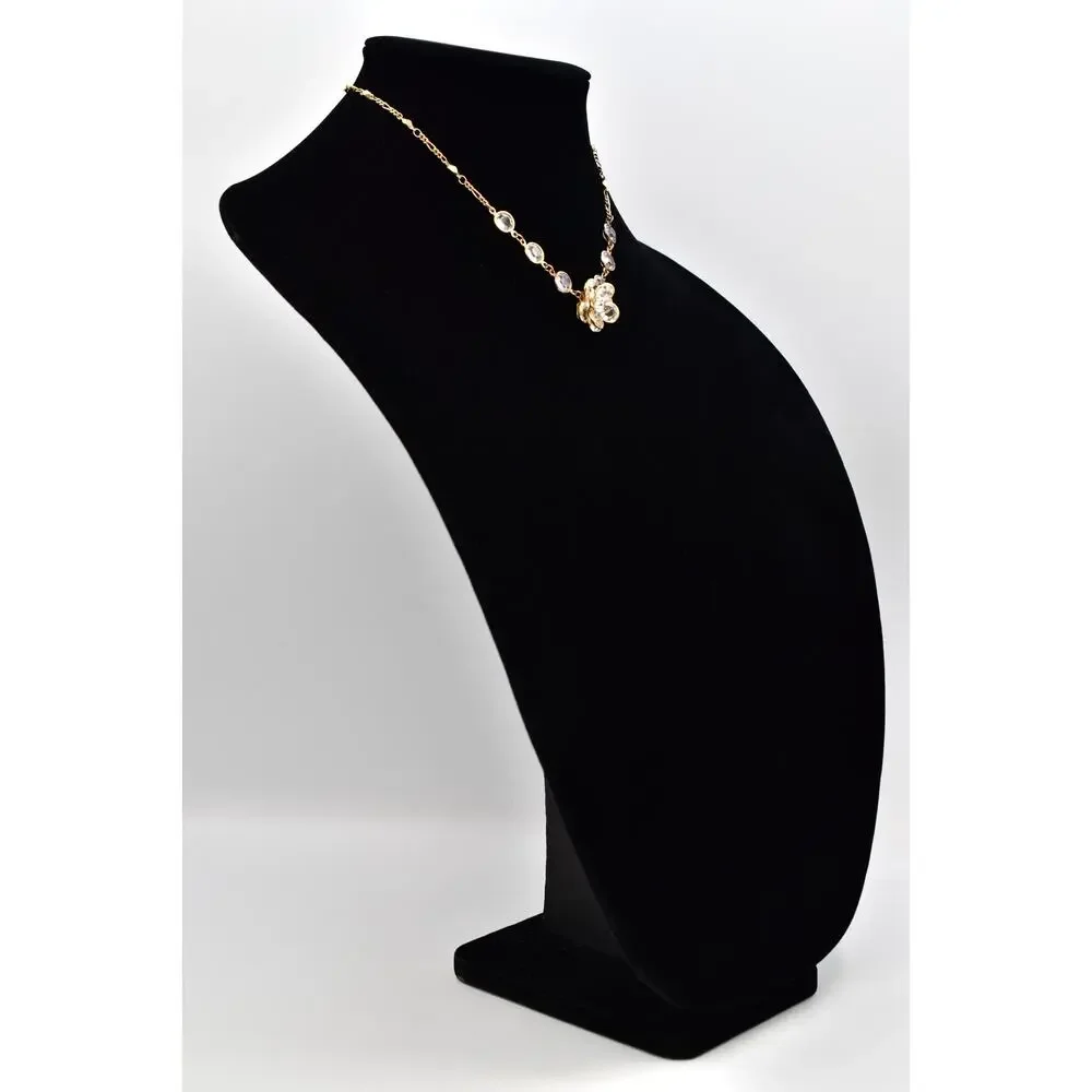 Vintage Clear Open Bezel Crystal Flower Necklace Collar Gold Rhinestone 1980s 9J